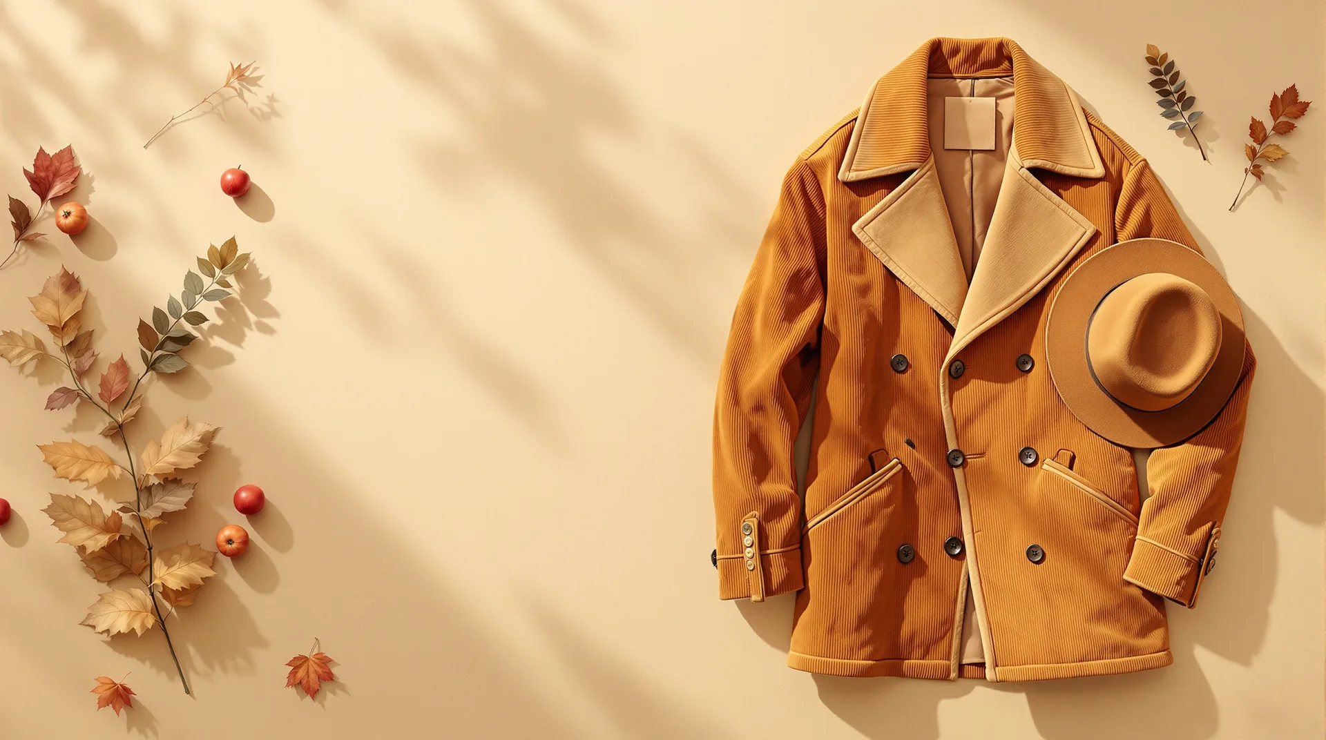 Veste en velours côtelé rouille, trench court camel et chapeau en feutre sur papier kraft